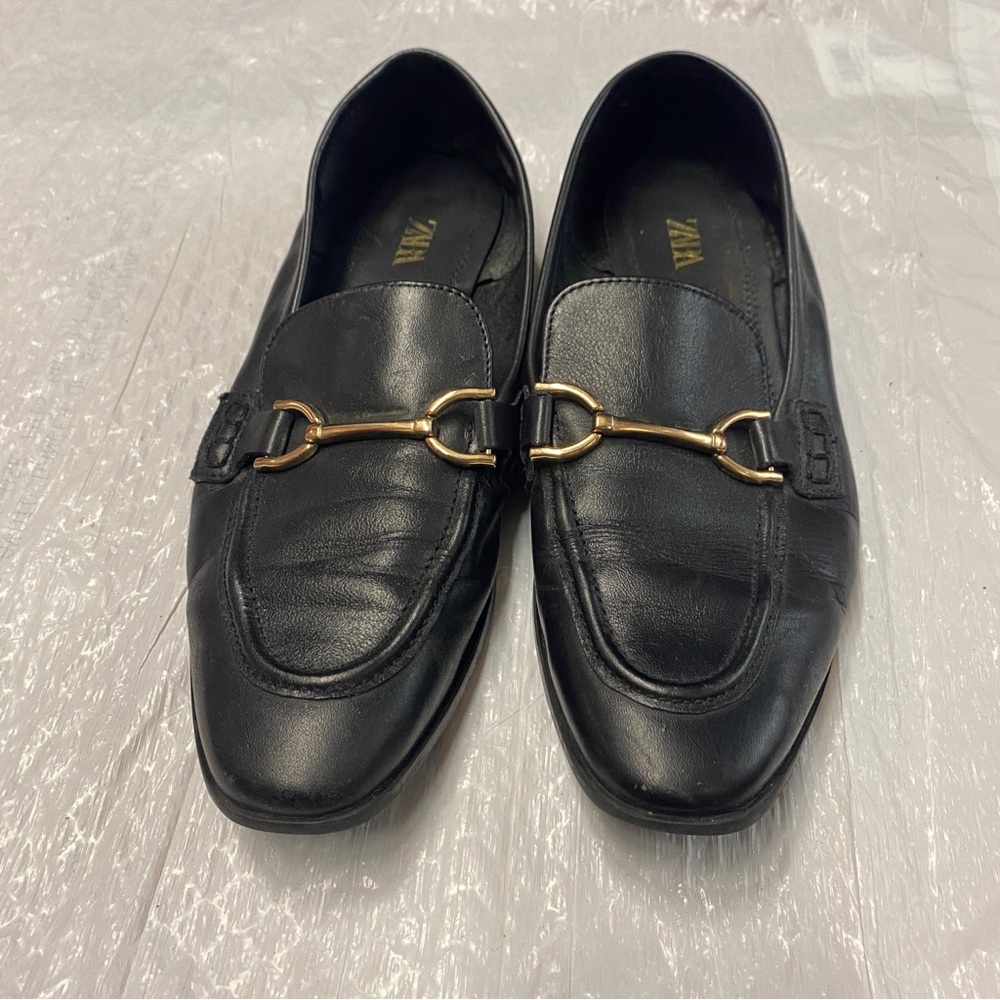 Zara Women’s Black Leather Loafers | Size 38